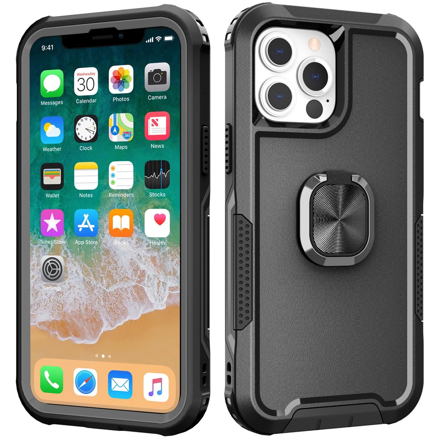 For Samsung Galaxy A03S Heavy Duty 3in1 Magnetic Ring Kickstand Stand Hybrid Shockproof Military-Grade Drop Protection Black Phone Case Cover