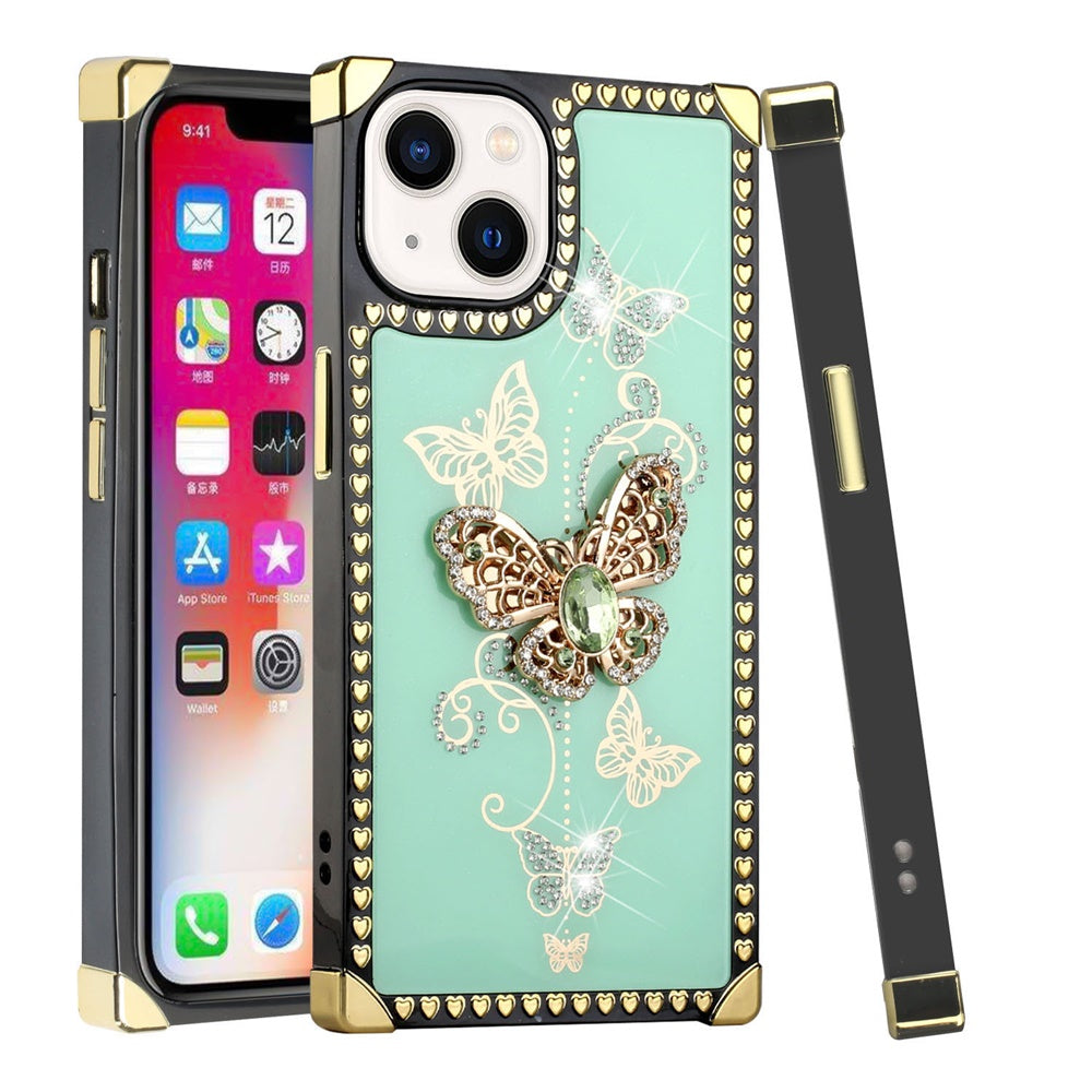 For Apple iPhone 12 /12 Pro (6.1") Fashion 3D Butterfly Square Hearts Diamonds Bling Sparkly Ornaments Phone Case Cover
