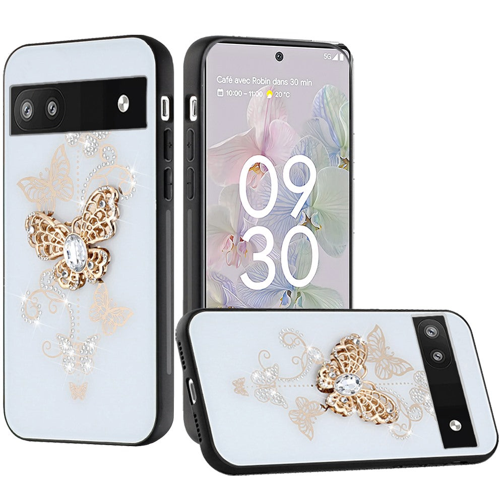 For Google Pixel 6A Diamonds Bling Sparkly Glitter 3D Ornaments Engraving Hybrid with Ring Stand Holder Fashion Phone Case Cover
