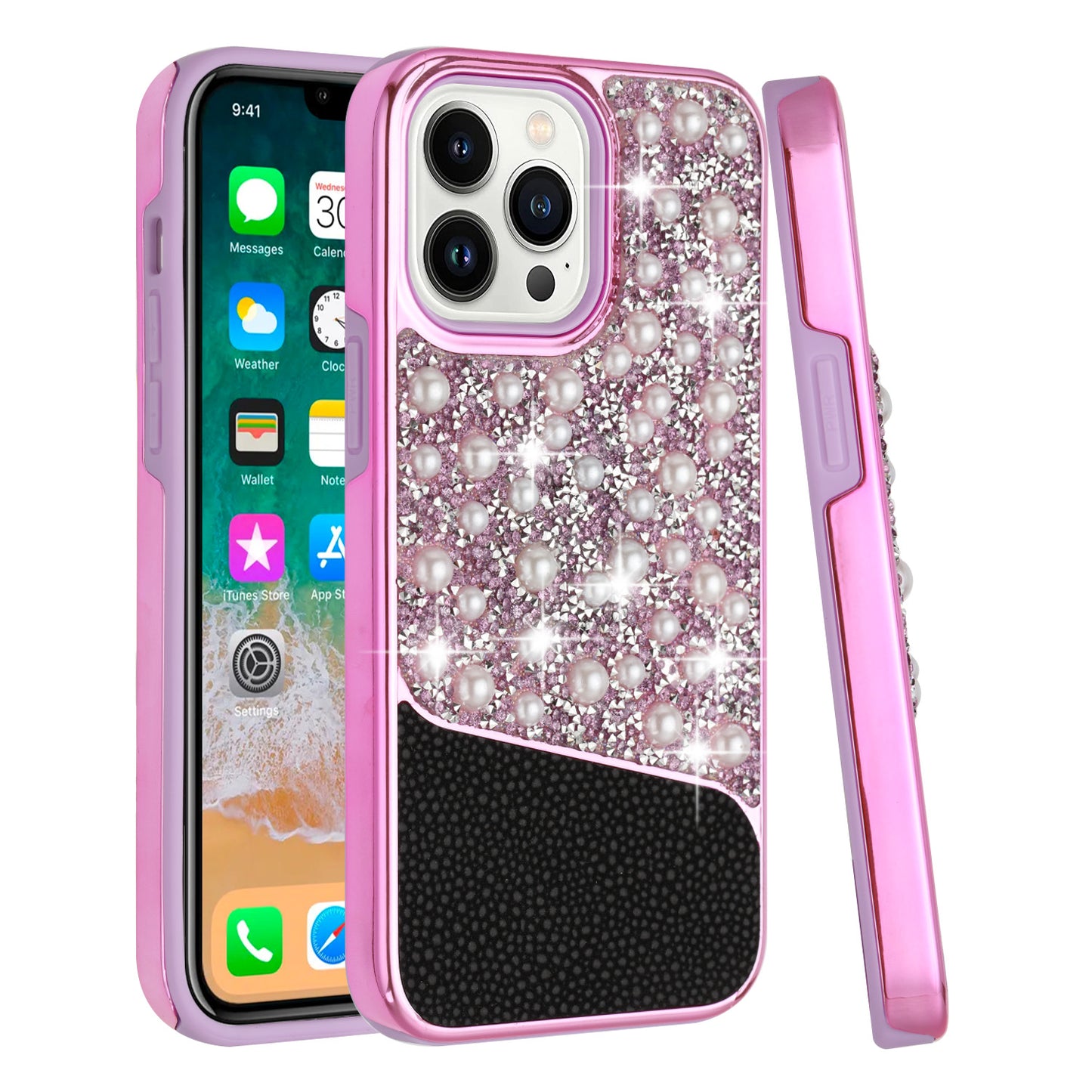 For Apple iPhone 13 Pro Max (6.7") Bling Pearl Diamonds Design Glitter Hybrid Hard TPU Shiny Protective Rubber Frame Phone Case Cover