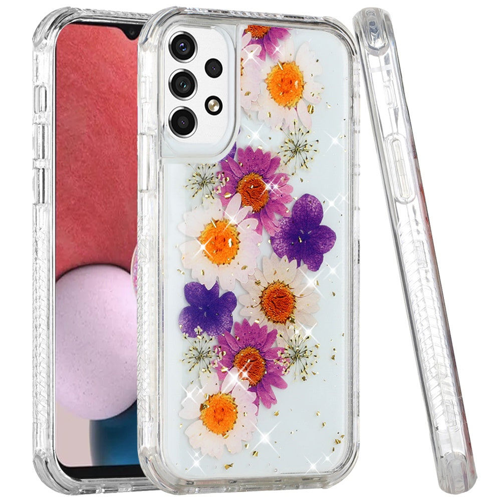 For Samsung Galaxy A13 4G Beautiful Sparkle Glitter Floral Epoxy Design Shockproof Hybrid Fashion Bling Rubber TPU Phone Case Cover