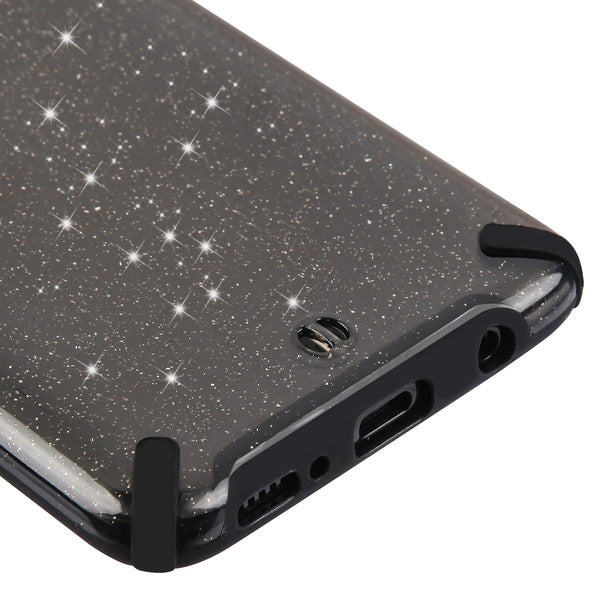For Samsung Galaxy A20 Slim Fit Hybrid Dual Layer Shockproof Hard TPU Glitter Bling Design Black Phone Case Cover