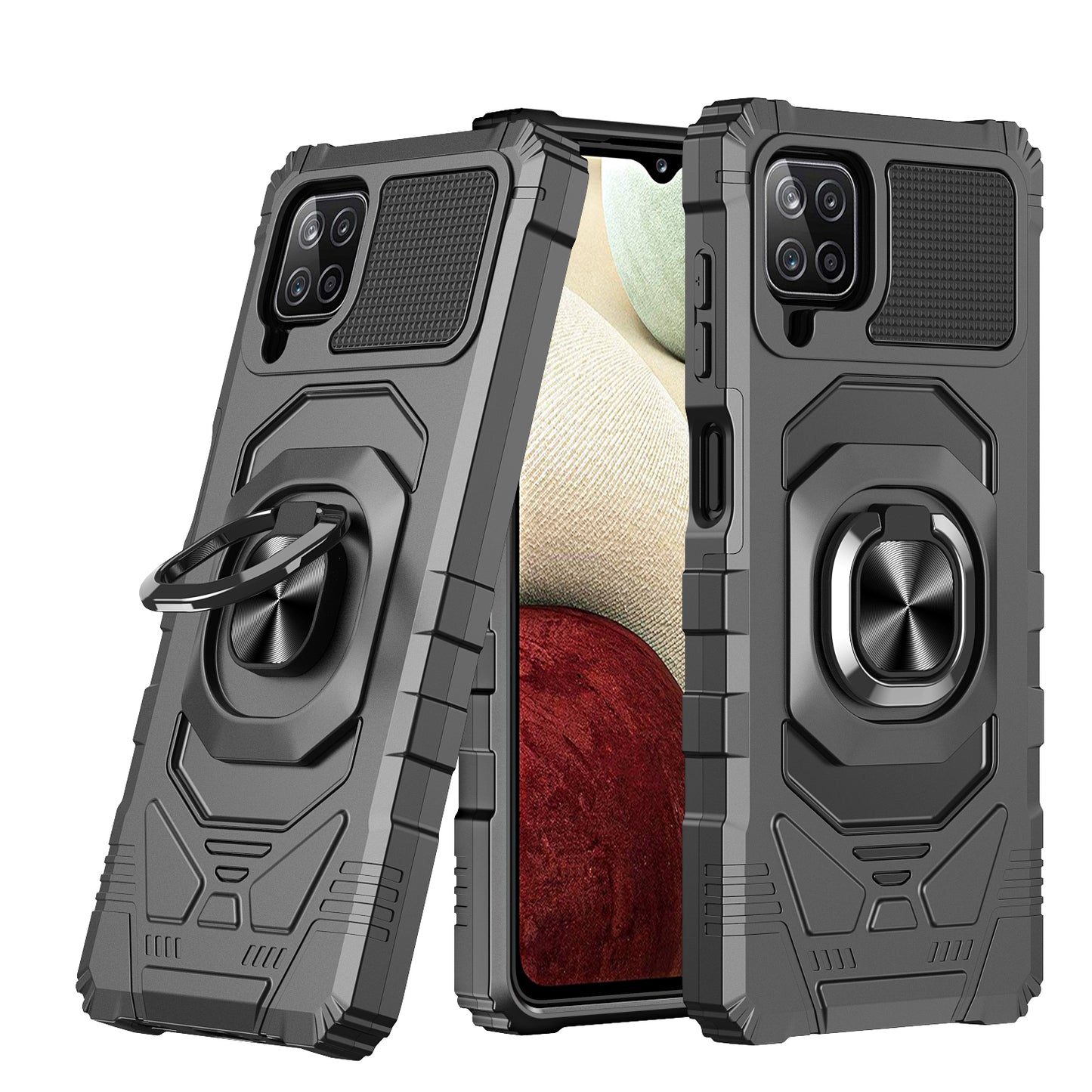For Samsung Galaxy A12 5G Hybrid Dual Layer with Rotate Magnetic Ring Stand Holder Kickstand, Rugged Shockproof Anti-Scratch Protective Phone Case Cover