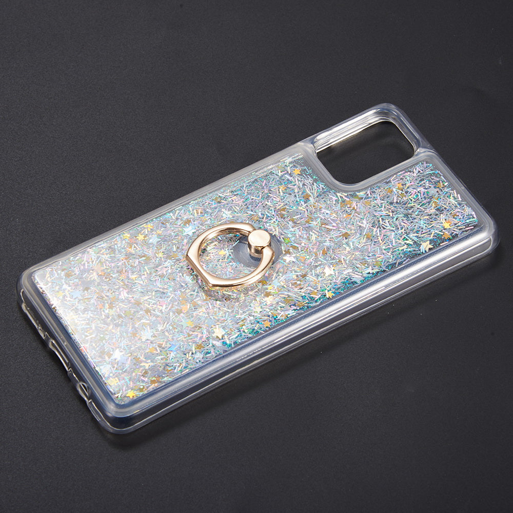 For Samsung Galaxy A22 5G Hybrid Glitter Luxury Bling Sparkling Liquid Quicksand Glittering Sparkle TPU Rubber PC with Ring Stand Holder Kickstand Phone Case Cover