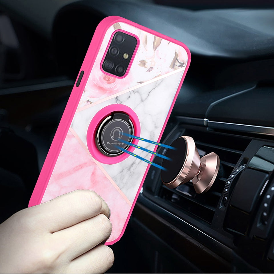 For Motorola Moto G 5G 2022 Marble Design with Magnetic Ring Kickstand Holder Hybrid TPU Hard PC Shockproof Armor Elegant Pink Phone Case Cover