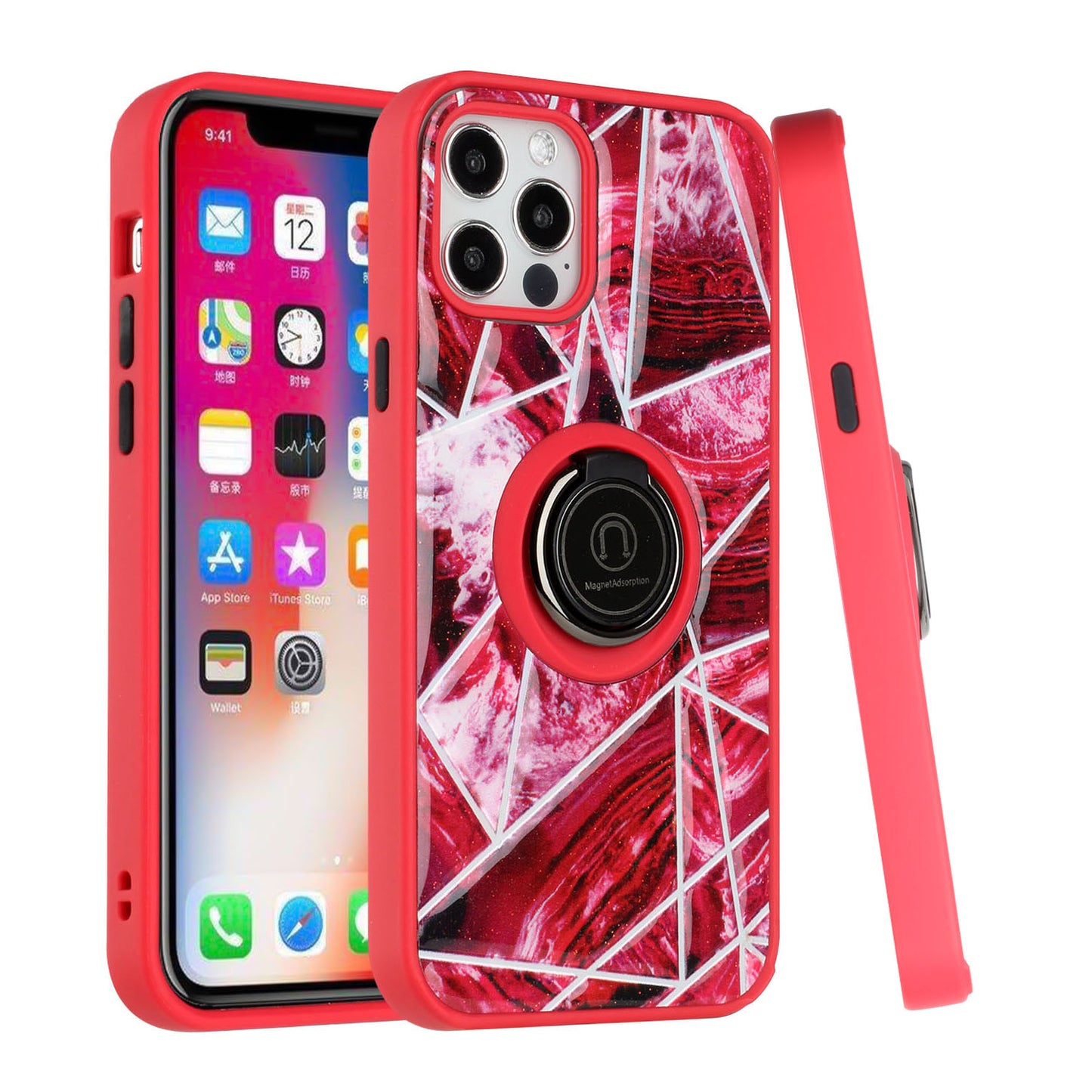 For Apple iPhone 11 (6.1") Marble Pattern Design with Magnetic Ring Kickstand Hybrid Hard Back Shockproof Phone Case Cover