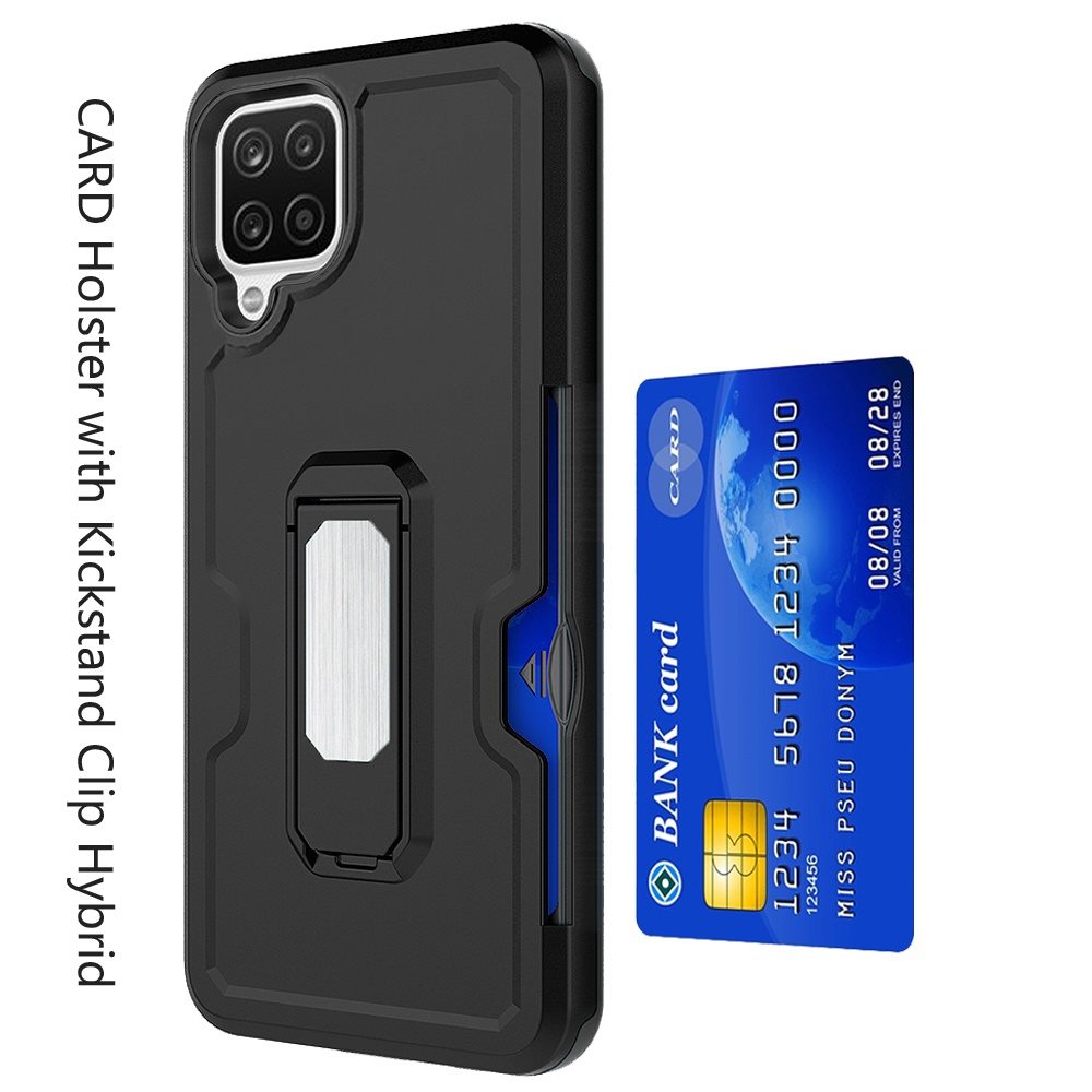 For Samsung Galaxy A12 5G Armor Belt Clip with Credit Card Holder, Holster, Kickstand Protective Full Body Heavy Duty Hybrid Phone Case Cover