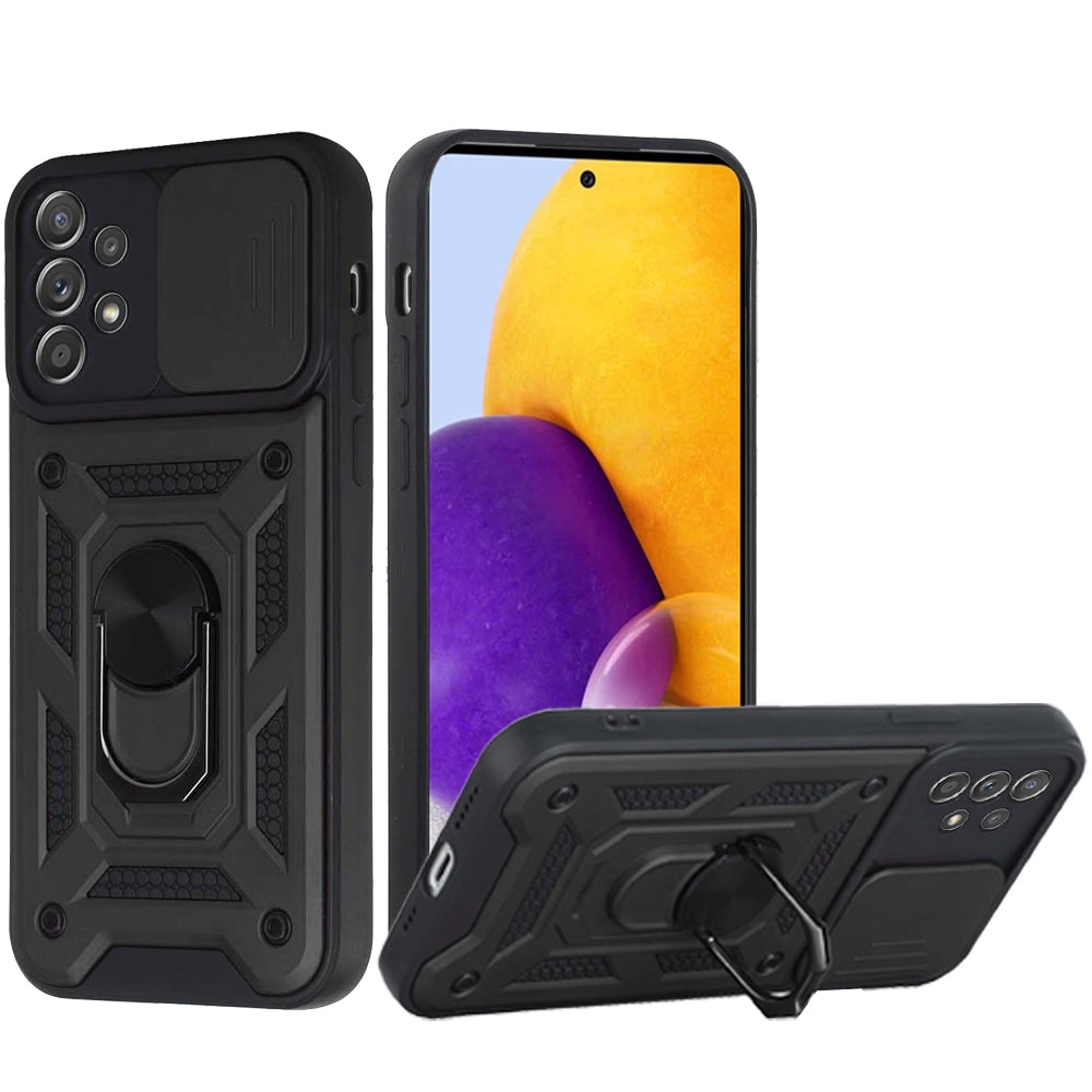 For Samsung Galaxy A73 5G Hybrid Cases with Slide Camera Lens Cover and Ring Holder Kickstand Rugged Dual Layer Heavy Duty Phone Case Cover