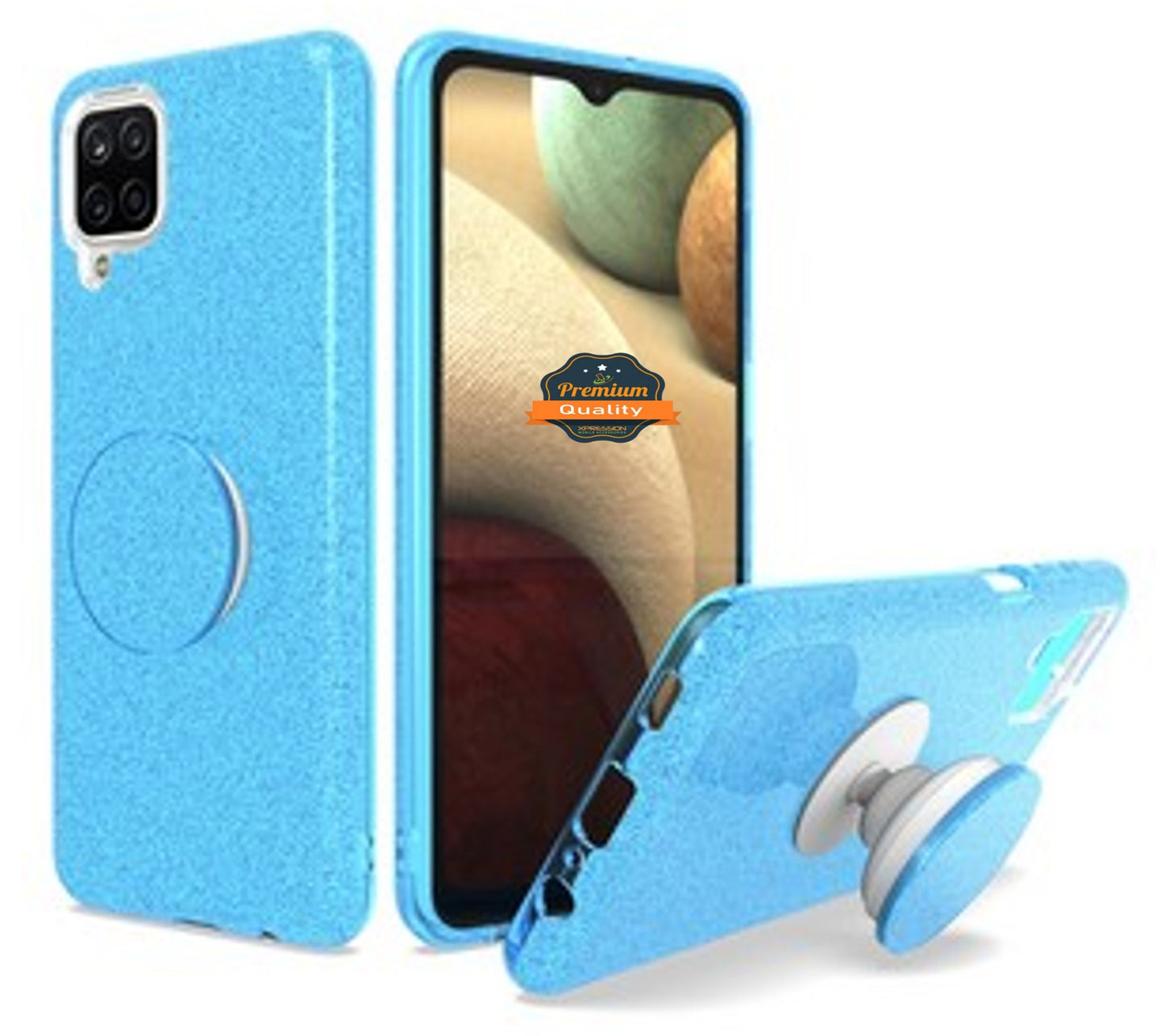 For Samsung Galaxy A12 5G Premium Soft TPU Bling Glitter with Round Stand Expanding Pop Holder Protective Hybrid Slim Phone Case Cover