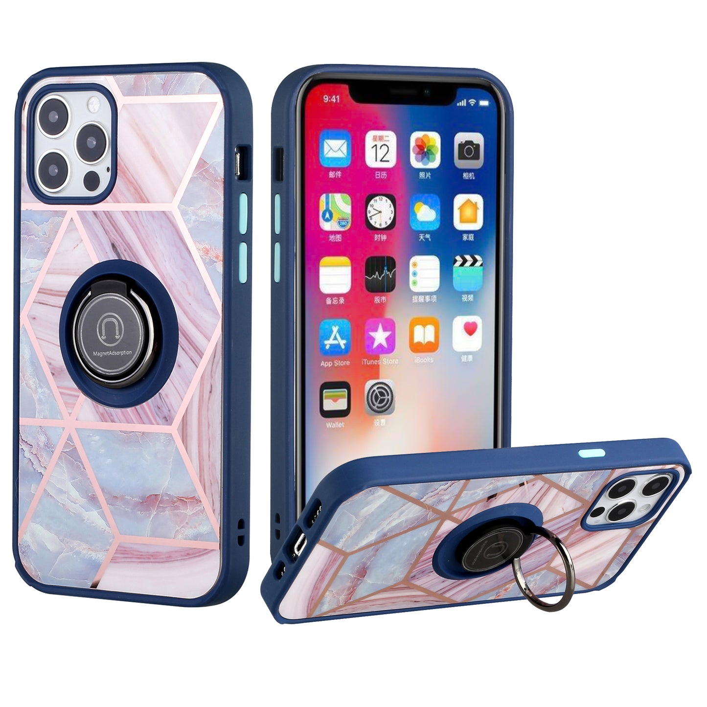 For Apple iPhone 13 /Pro Max Mini Unique Marble Design with Magnetic Ring Kickstand Holder Hybrid TPU Hard PC Shockproof Armor Bumper Phone Case Cover