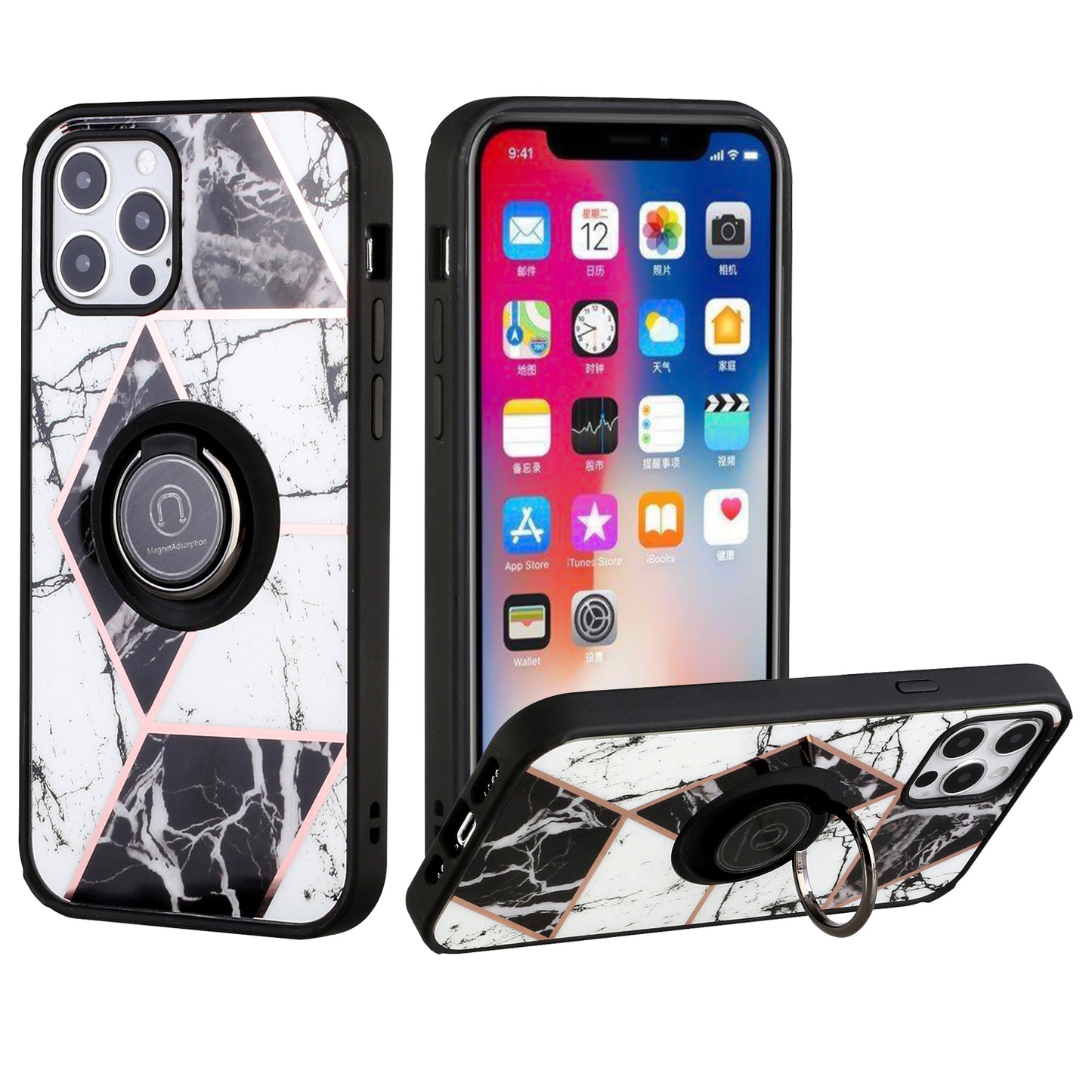 For Apple iPhone SE 2022 /SE 2020/8/7 Unique Marble Design with Magnetic Ring Kickstand Holder Hybrid TPU Shockproof Phone Case Cover