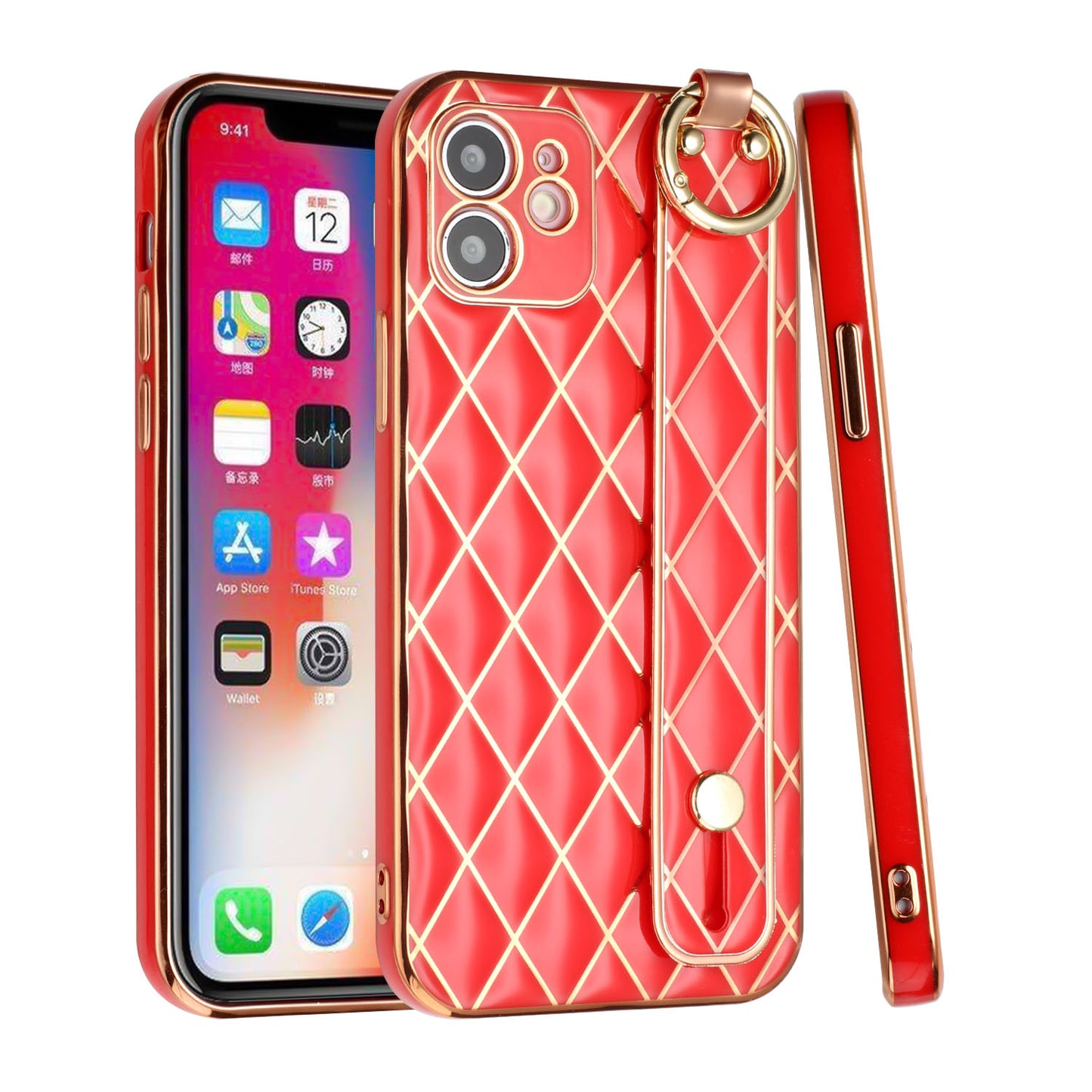 For Apple iPhone 11 (6.1") Chromed Grid Design with Strap Holder Fashion Hybrid Rubber TPU Hard PC Slim Fit Phone Case Cover