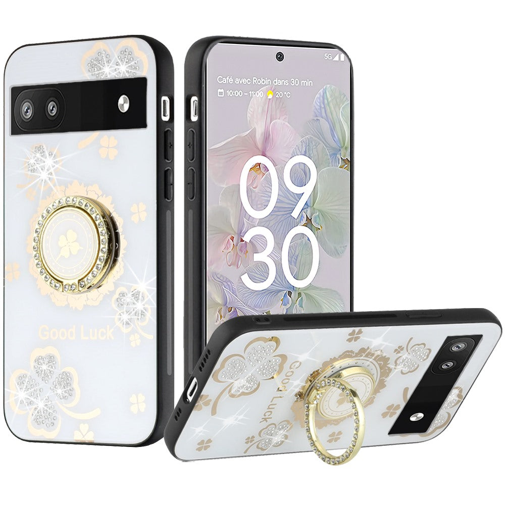 For Google Pixel 6A Diamonds Bling Sparkly Glitter 3D Ornaments Engraving Hybrid with Ring Stand Holder Fashion Phone Case Cover