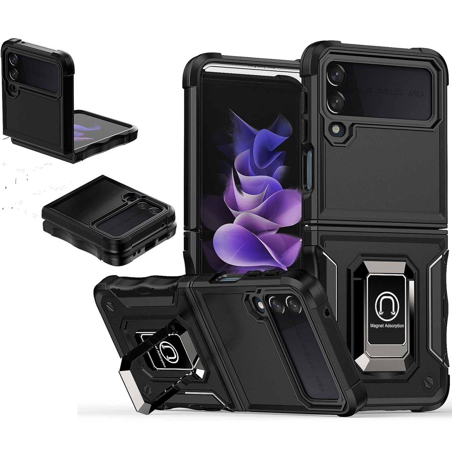 For Samsung Galaxy Z Flip 4 5G Hybrid Cases with Magnetic Ring Holder Kickstand Heavy Duty Rugged Silicone Shockproof Phone Case Cover