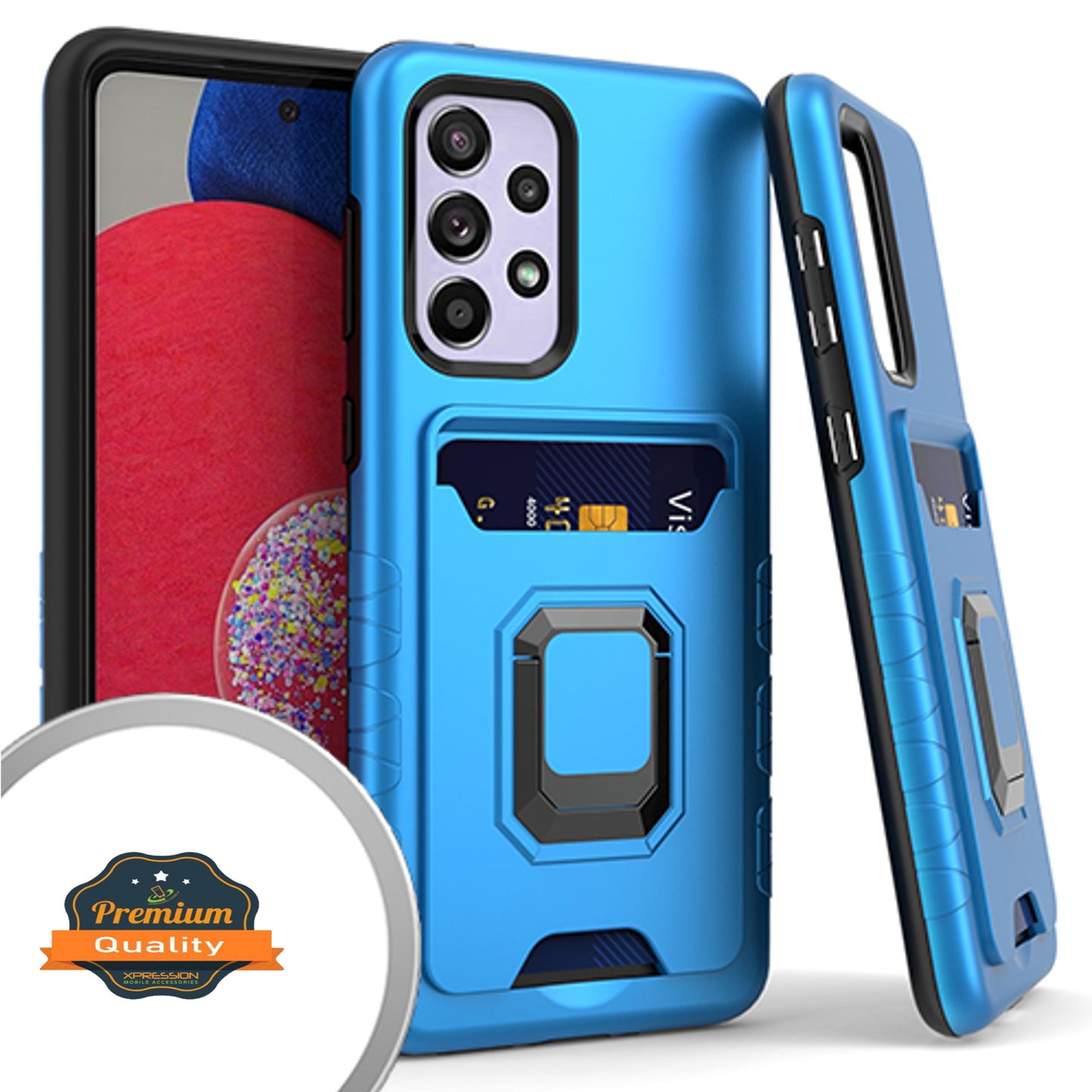 For Samsung Galaxy A33 5G Wallet Credit Card ID Slot Holder with Metal Ring Kickstand Shockproof Hybrid Dual Layer Stand Phone Case Cover