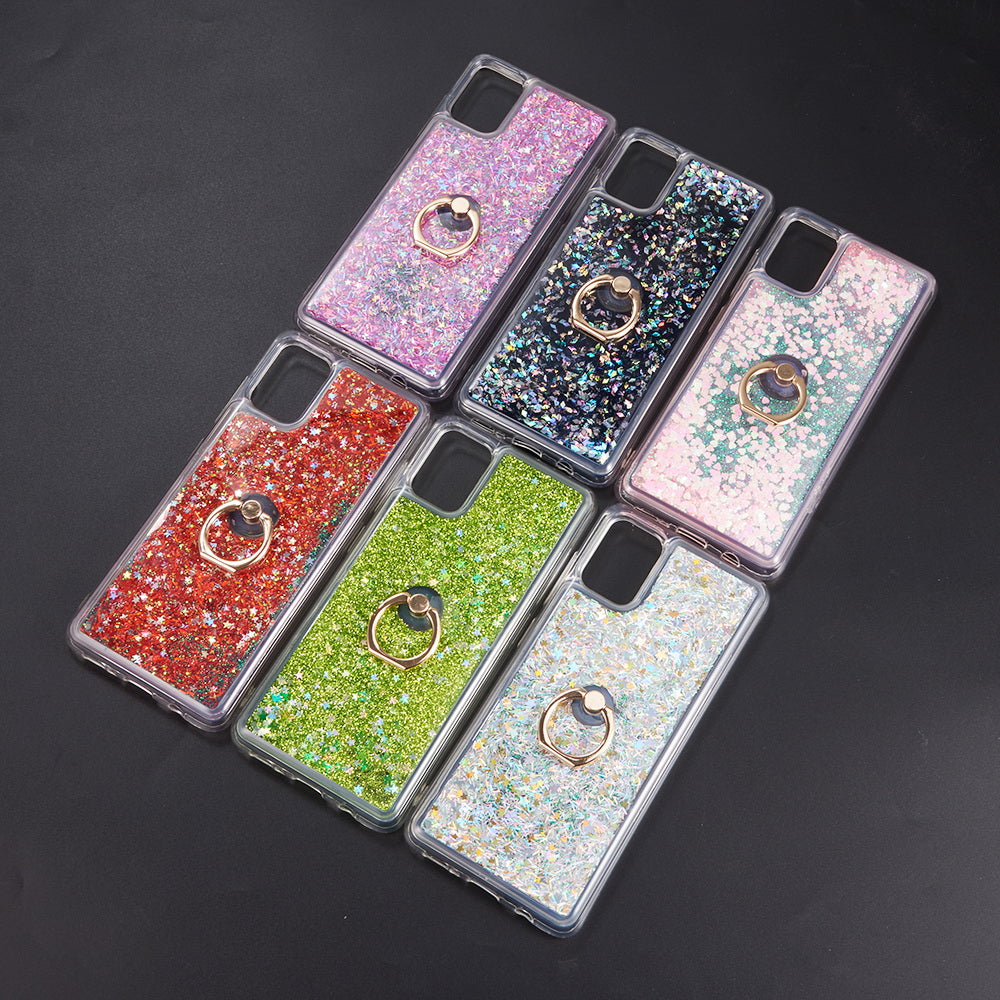 For Samsung Galaxy A22 5G Hybrid Glitter Luxury Bling Sparkling Liquid Quicksand Glittering Sparkle TPU Rubber PC with Ring Stand Holder Kickstand Phone Case Cover