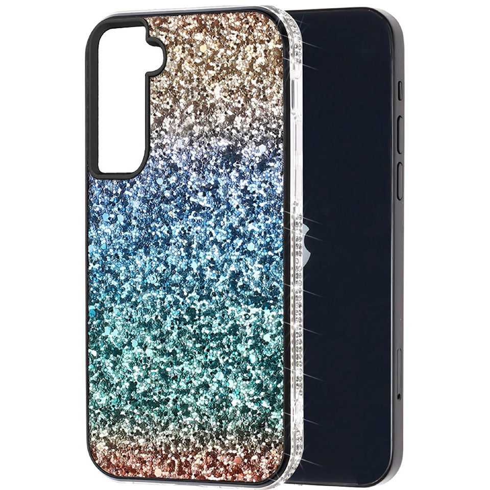 For Samsung Galaxy A22 5G Rhinestone Sparkling Rainbow Gradual Glitter Full Diamond Bling Protective Hybrid Rugged Slim TPU Phone Case Cover