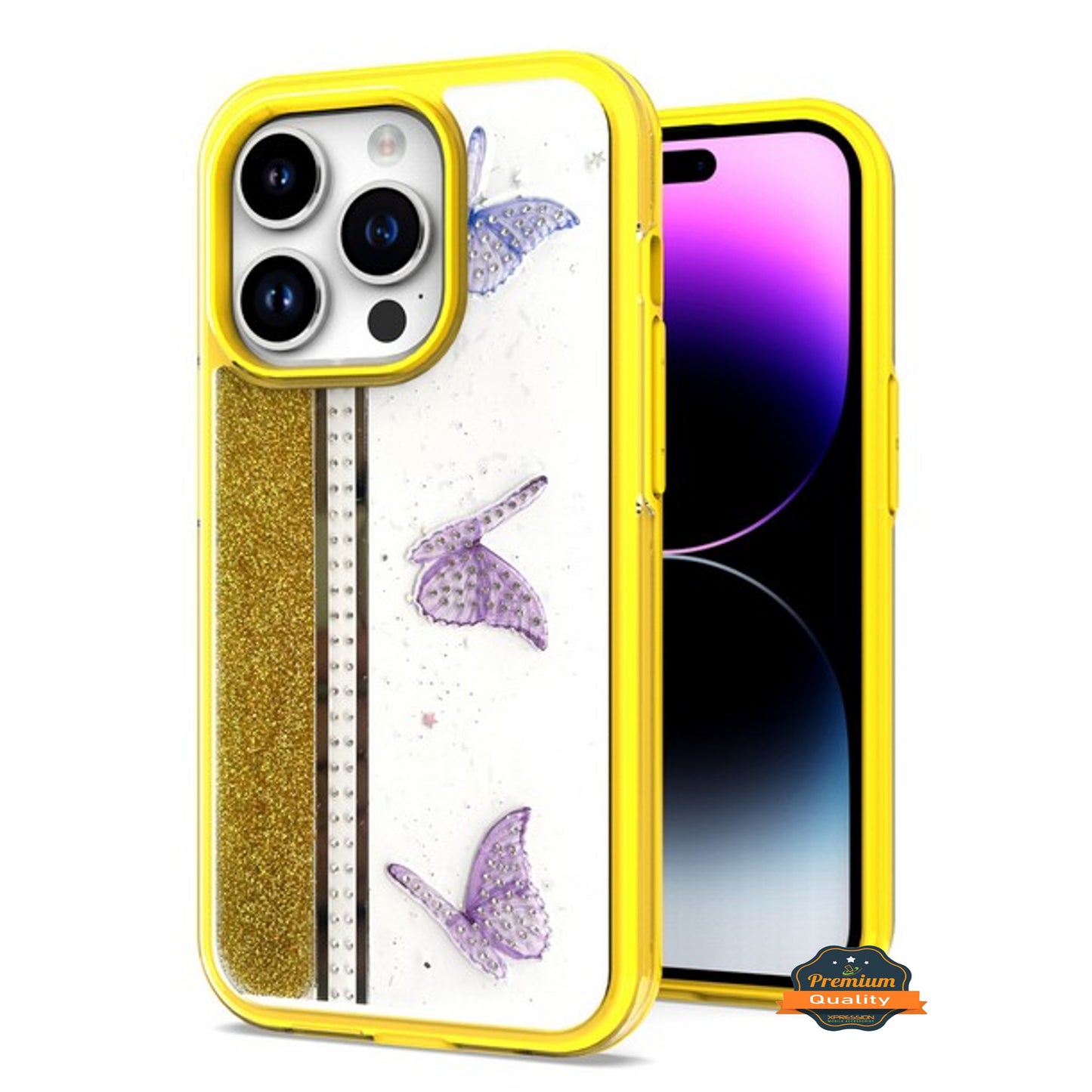 For Apple iPhone 14 /Plus Pro Max Butterflies Design Bling Glitter Shockproof Hybrid TPU Frame and Hard Back Slim Phone Case Cover