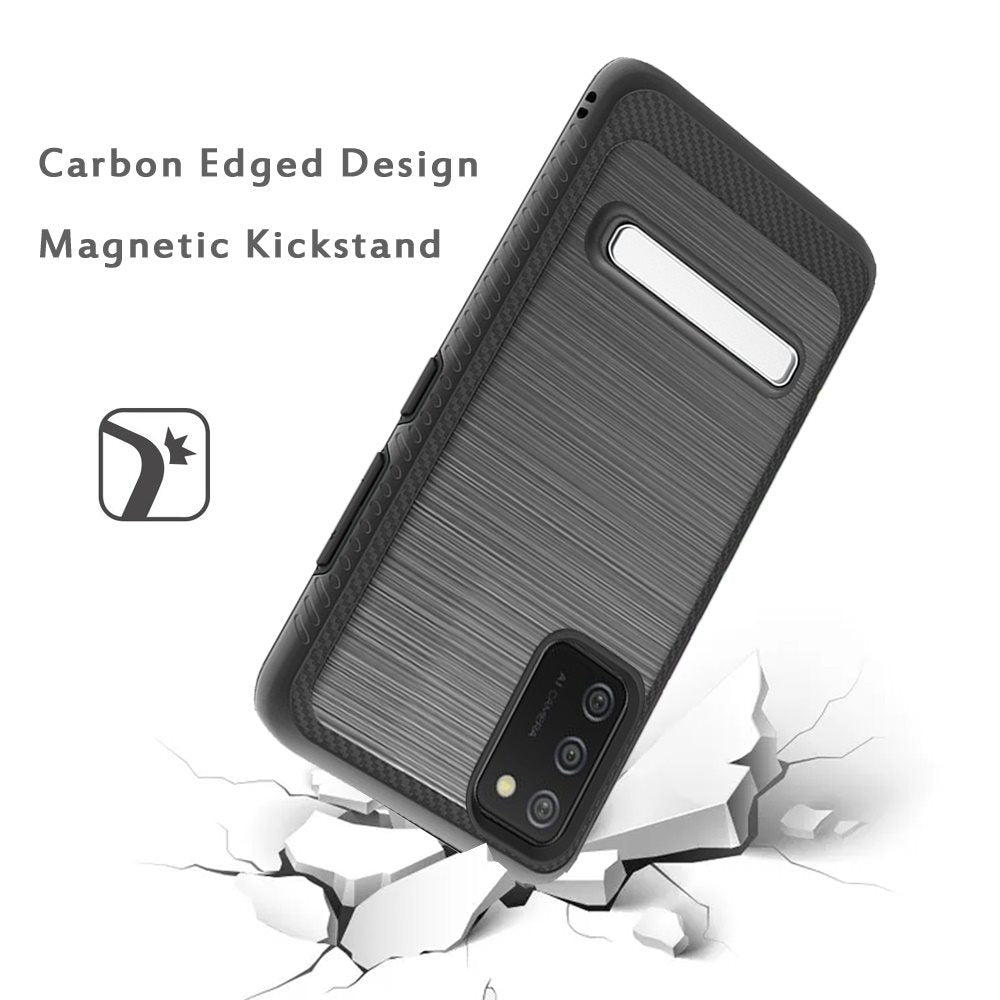 For Samsung Galaxy A02S Slim Brushed Hybrid Shock-Absorption Armor Edged Carbon Fiber with Metal Kickstand Rugged Texture Phone Case Cover