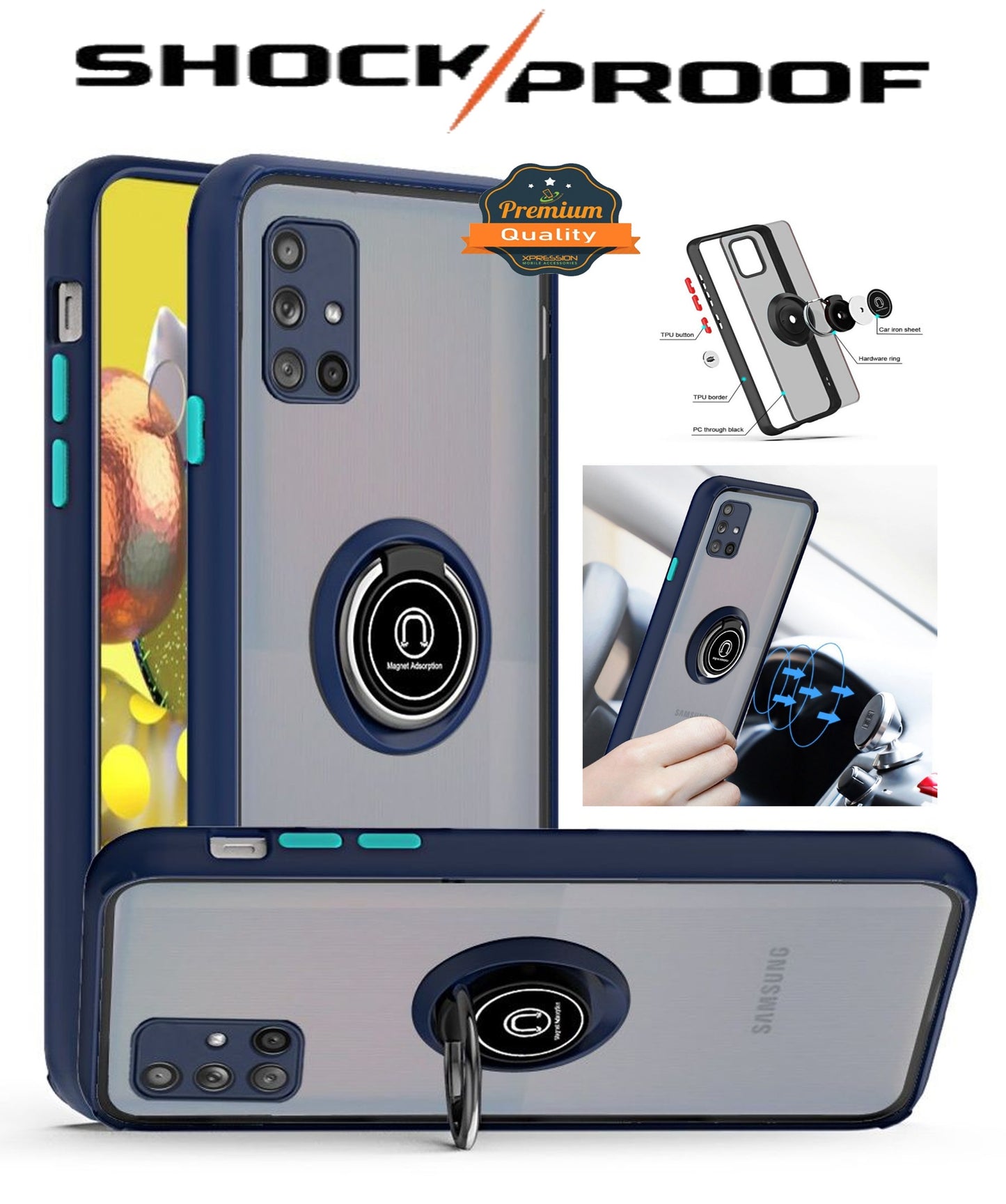 For Samsung Galaxy A33 5G Hybrid Protective PC TPU Shockproof with 360° Rotation Ring Metal Stand and Covered Camera Phone Case Cover