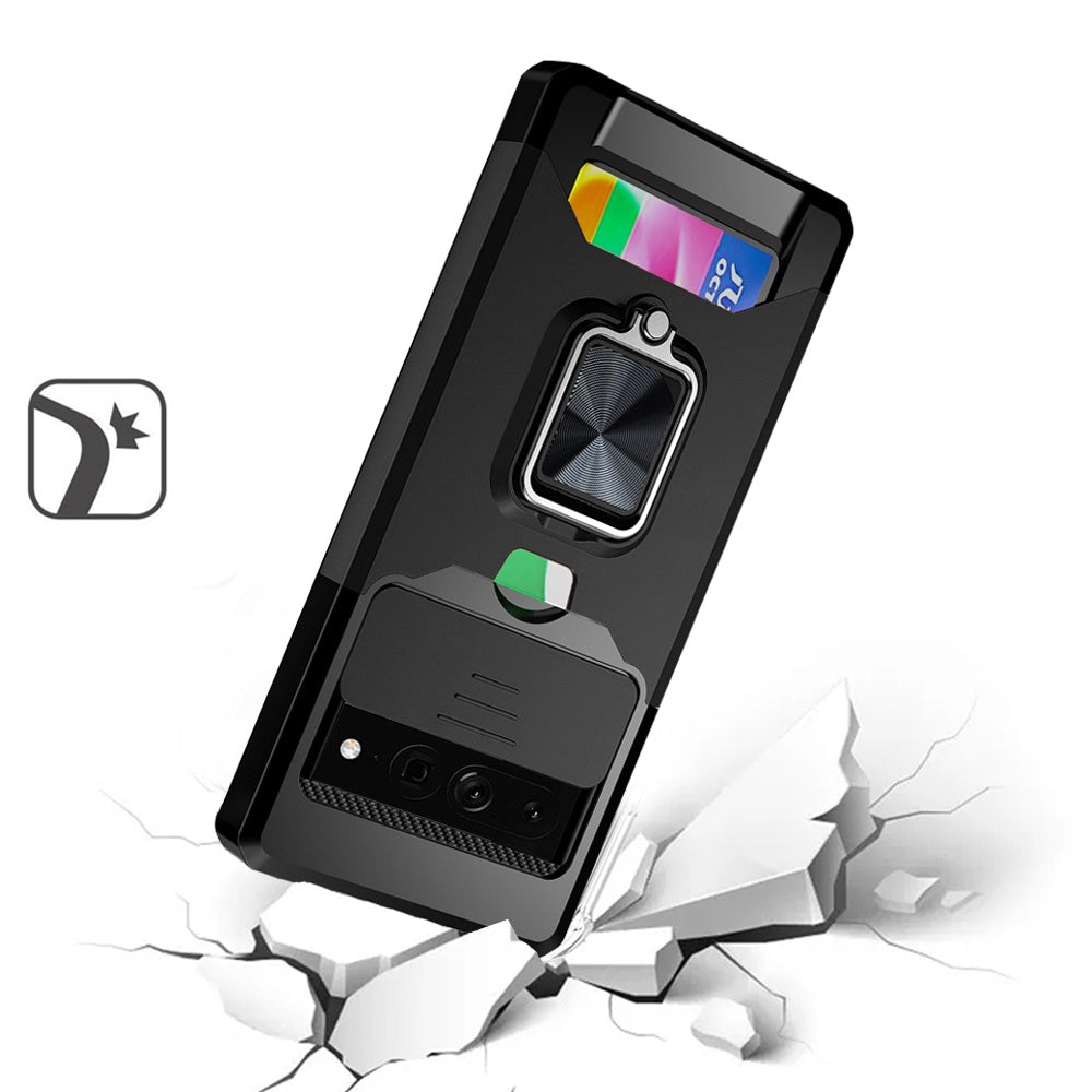 For Apple iPhone 11 (6.1") Wallet Case with Ring Stand & Slide Camera Cover Credit Card Slot Holder, Military Grade Hard Phone Case Cover