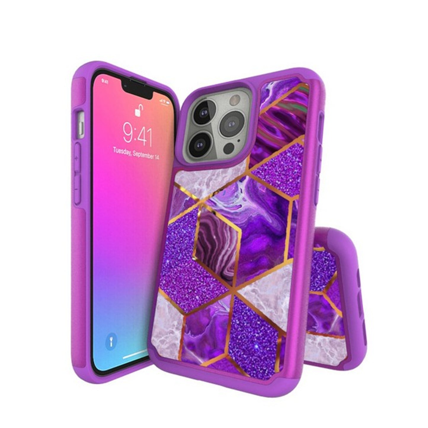For Apple iPhone 13 Mini (5.4") Pattern Design Slim Hybrid Grid Bumper Rubber Soft TPU & Hard Back PC Protective Phone Case Cover