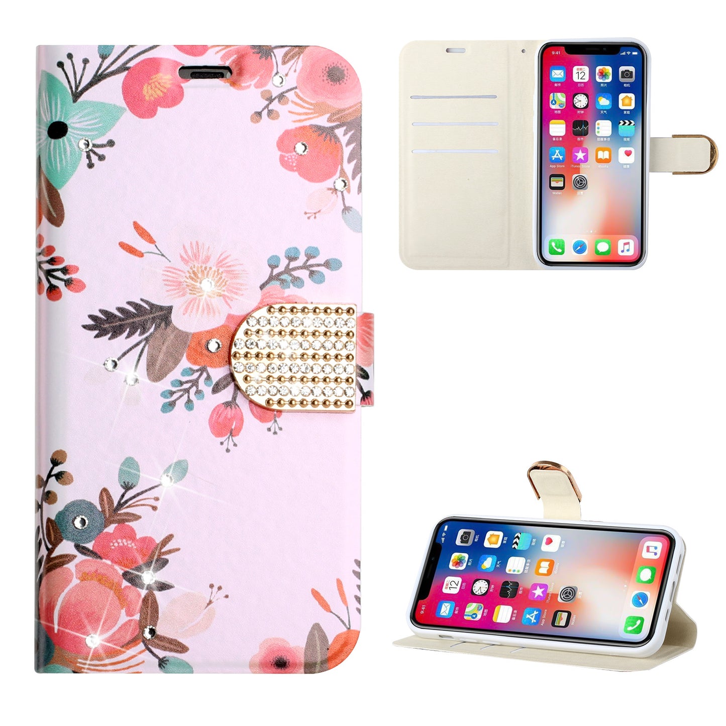 For Samsung Galaxy A02S Design Pattern PU Leather Wallet 3D Diamond Bling Buckle with Credit Card Slot & Stand Pouch Flip Phone Case Cover