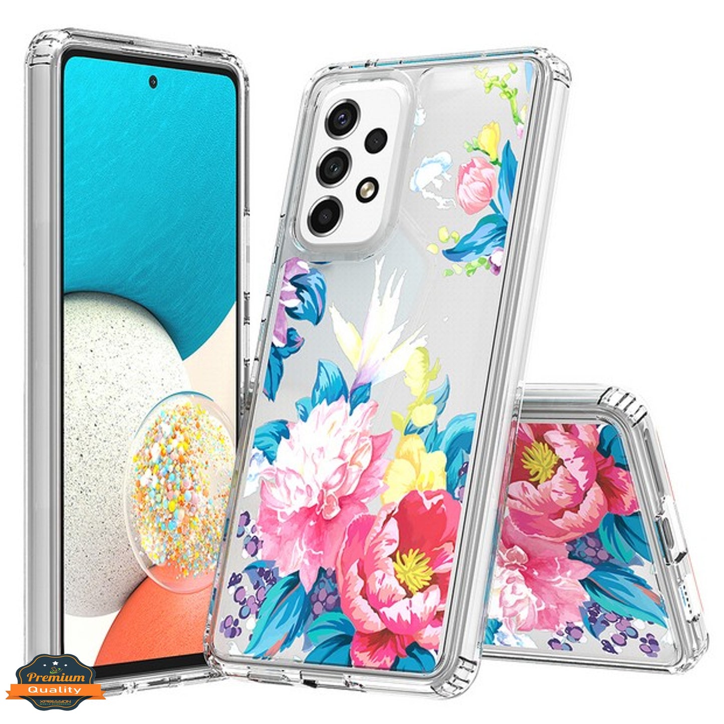 For Samsung Galaxy A23 5G Floral Patterns Design Transparent TPU Silicone Shock Absorption Bumper Hard PC Back Phone Case Cover