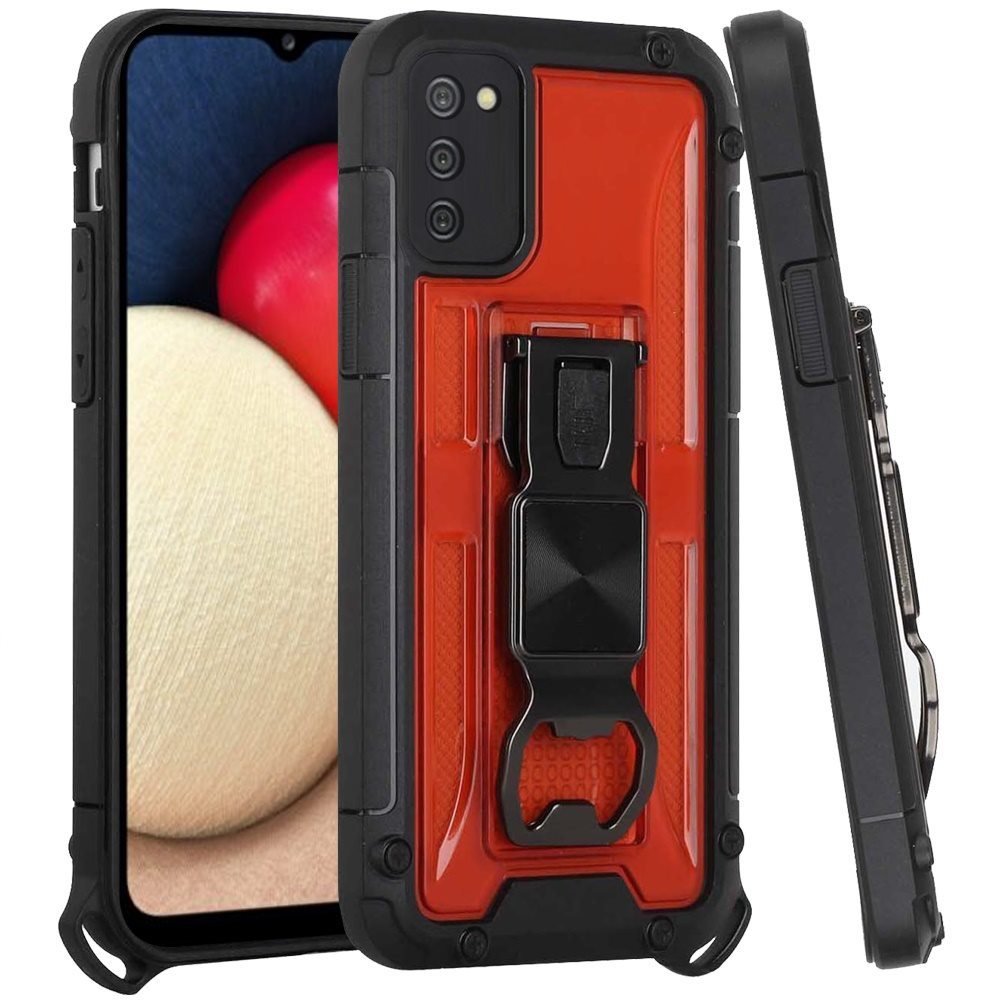 For Samsung Galaxy A02S Heavy Duty Military Grade Rugged Hybrid with Magnetic Kickstand, Carabiner, Bottle Beer Opener Shockproof Phone Case Cover