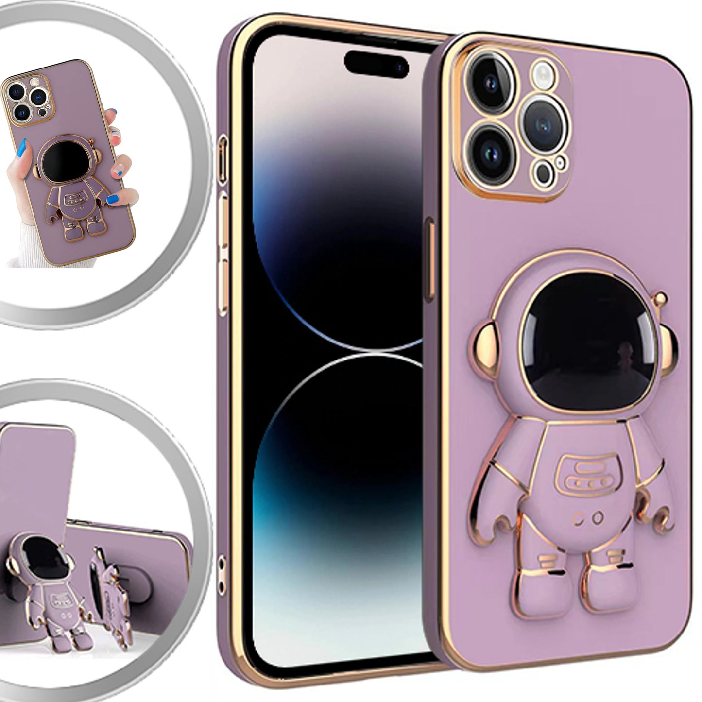 For Apple iPhone 14 /Plus Pro Max Astronaut Hidden Stand Holder Plating Hybrid Electroplated Bumper Shockproof Armor Cute Phone Case Cover