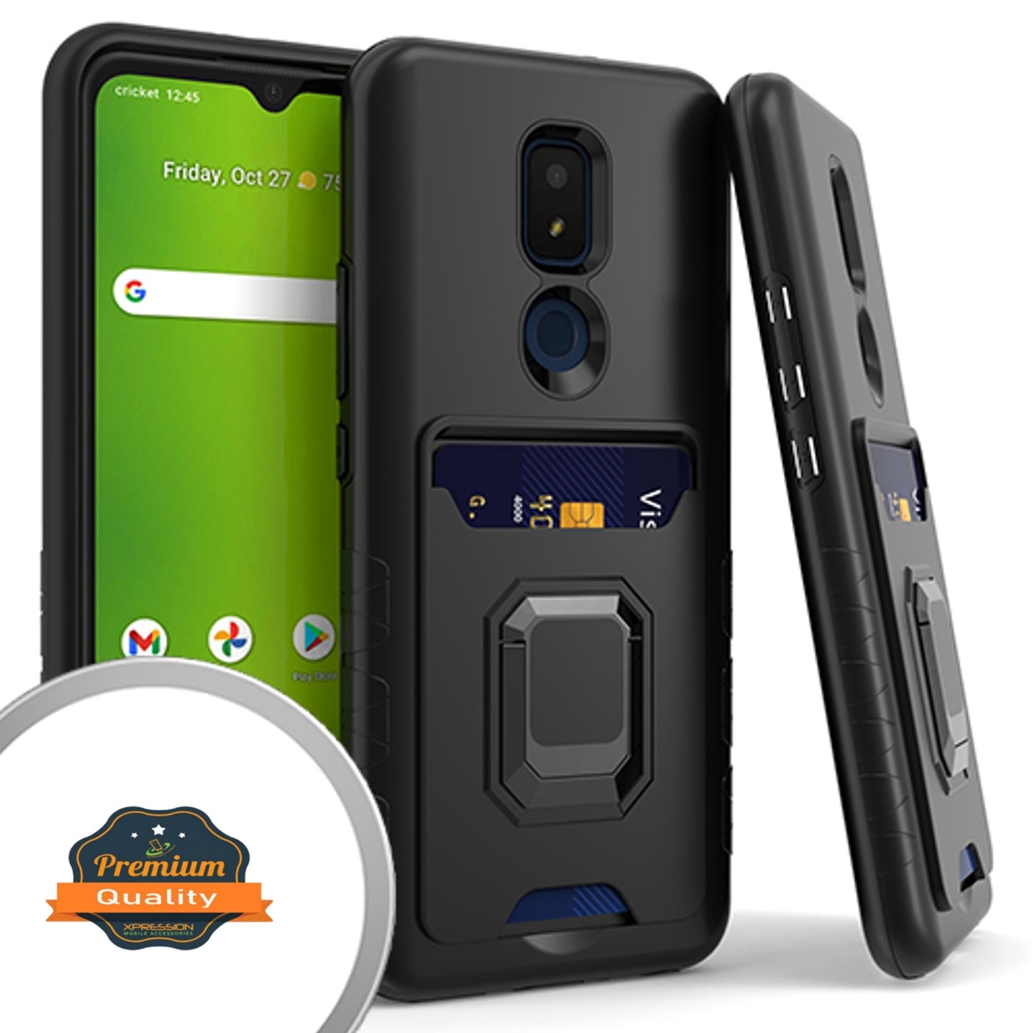 For Cricket Icon 3 Wallet Credit Card Slot Holder with Metal Ring Kickstand Heavy Duty Shockproof Hybrid Dual Layer Magnetic Stand Phone Case Cover