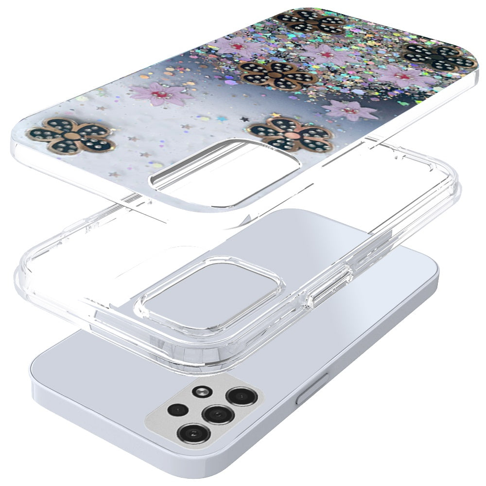 For Samsung Galaxy A53 5G Floral Stylish Design Glitter Shiny Hybrid Rubber TPU Hard PC Shockproof Armor Slim Fit Phone Case Cover
