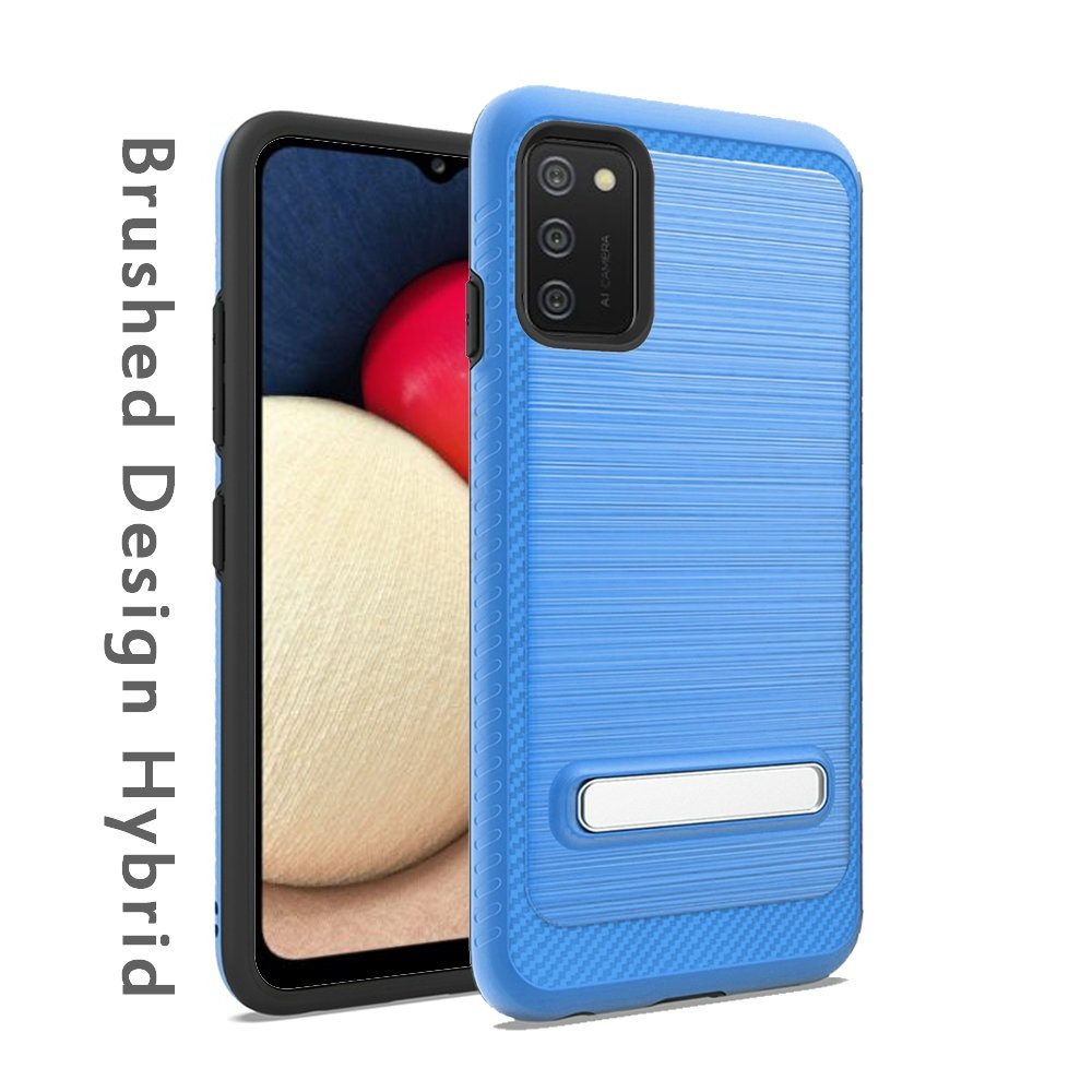 For Samsung Galaxy A02S Slim Brushed Hybrid Shock-Absorption Armor Edged Carbon Fiber with Metal Kickstand Rugged Texture Phone Case Cover