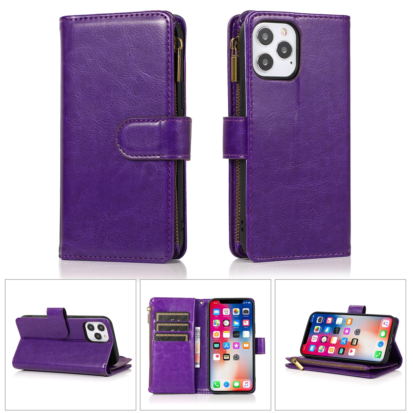 For OnePlus Nord N20 5G Leather Zipper Wallet Case 9 Credit Card Slots Cash Money Pocket Clutch Pouch with Stand & Strap Phone Case Cover