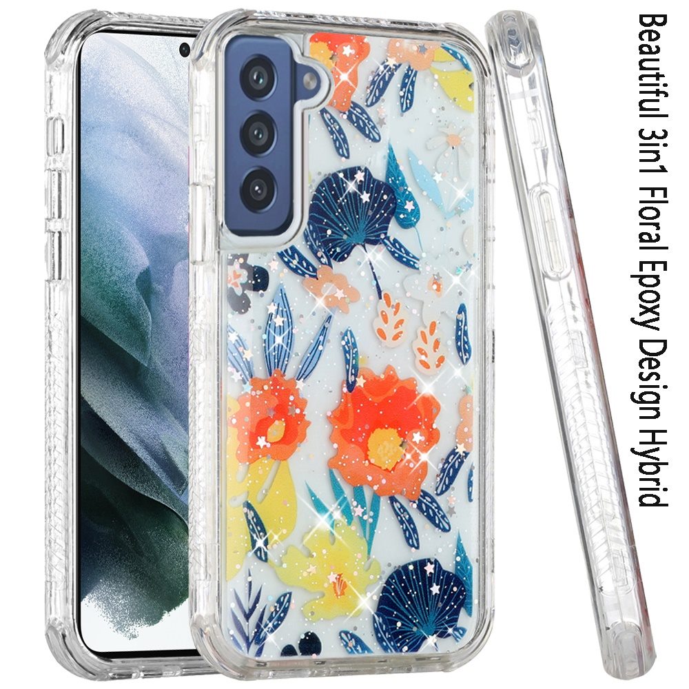 For Samsung Galaxy S21 FE /Fan Edition Sparkle Glitter Floral Epoxy Design Shockproof Hybrid Fashion Bling Rubber TPU Phone Case Cover