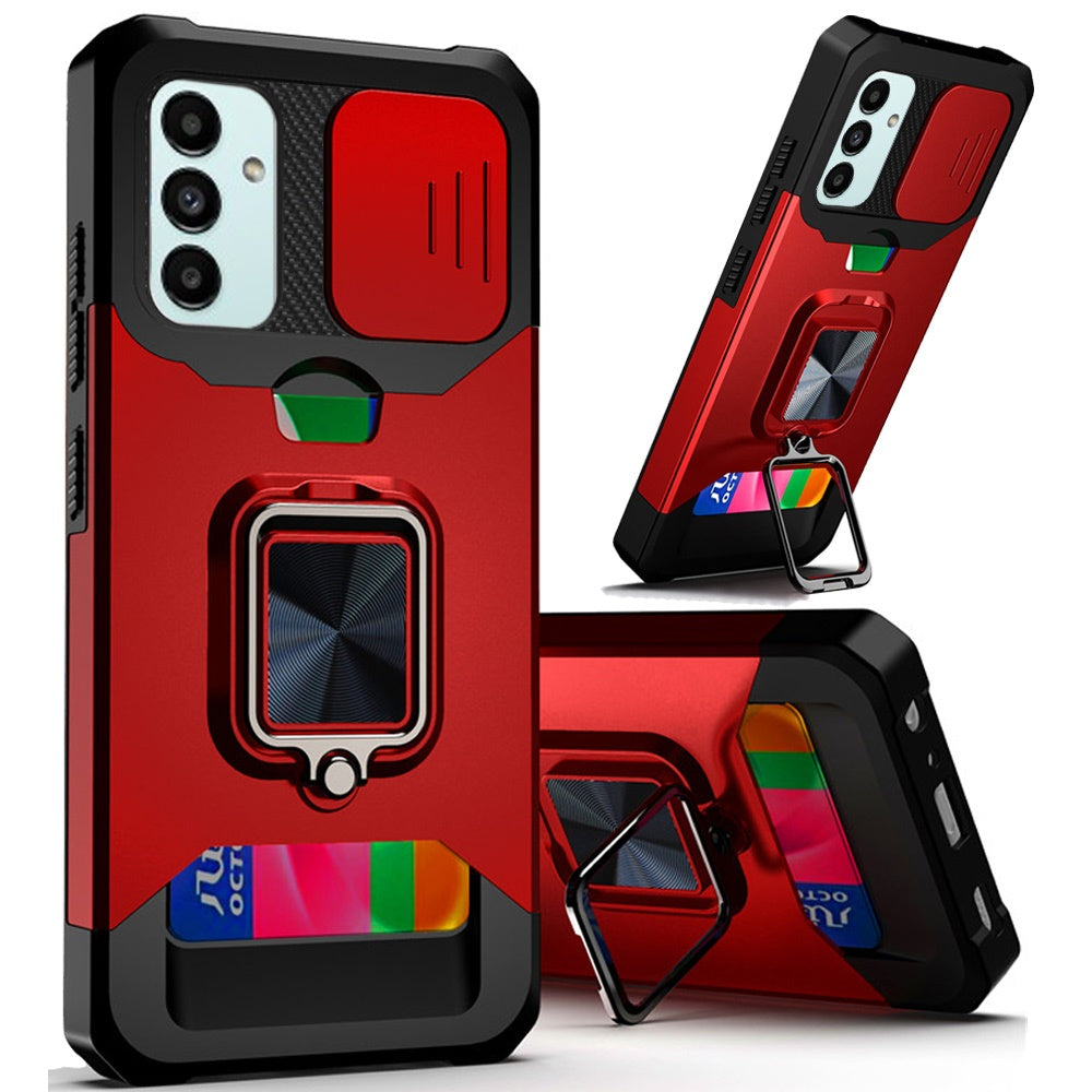For Samsung Galaxy A13 4G 2022 Wallet Case with Ring Stand & Slide Camera Cover Credit Card Holder, Military Grade Hard Phone Case Cover