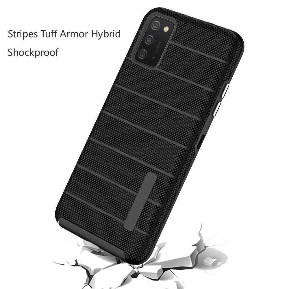 For Samsung Galaxy A02s Hybrid Tuff Armor Stripes Rugged Texture Rubber Dual Layers TPU+PC Scratch-Resistant Drop Protection Phone Case Cover