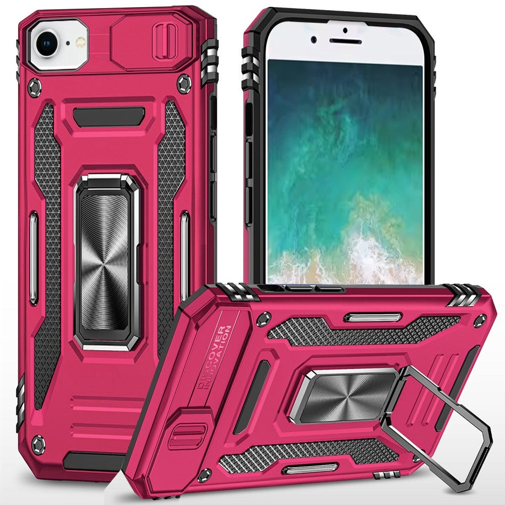 For Apple iPhone 16e Tough Hybrid Case with Movable Camera Window & Metal Ring Stand Shockproof Case Cover Hot Pink