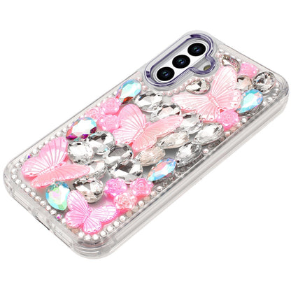 For Samsung Galaxy A16 3D Diamond Floral Butterfly Bling Stone Hybrid, Sparkly Rhinestone Gemstone Back Shockproof Case Cover