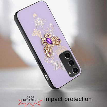 For Samsung Galaxy A06 Diamonds 3D Butterfly Bling Sparkly Glitter Ornaments Engraving Hybrid Metal Fashion Case Cover Purple Garden Butterflies