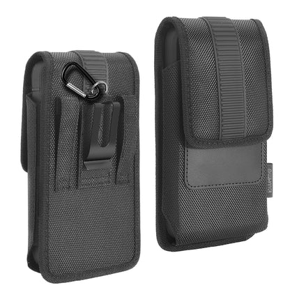 For Apple iPhone 16 Pro (6.3") Universal Vertical Nylon Phone Case Carrying Pouch Cover with Card Storage Pocket & Belt Clip Loop Holster Front Grip [Black]