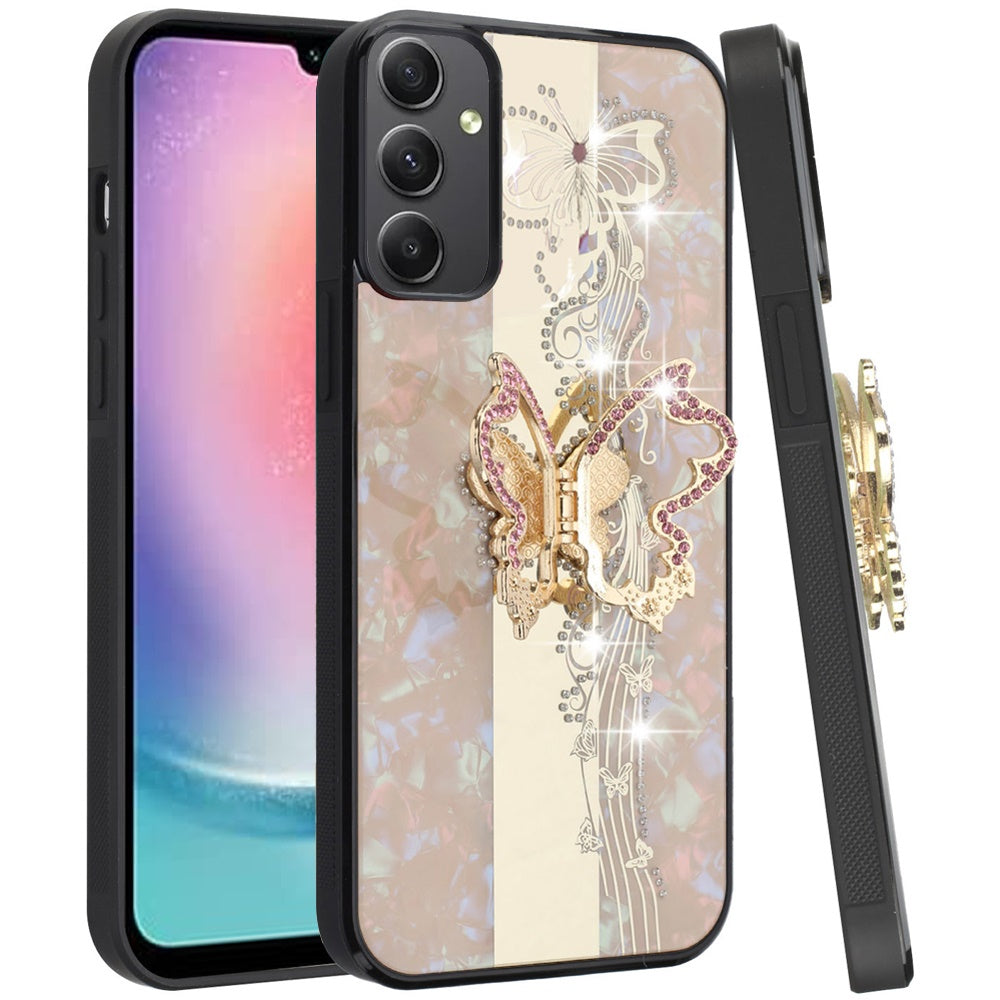 For Samsung Galaxy A06 Diamonds 3D Butterfly Bling Sparkly Glitter Ornaments Engraving Hybrid with Ring Stand Fashion Case Cover Enchanted Butterfly Gold