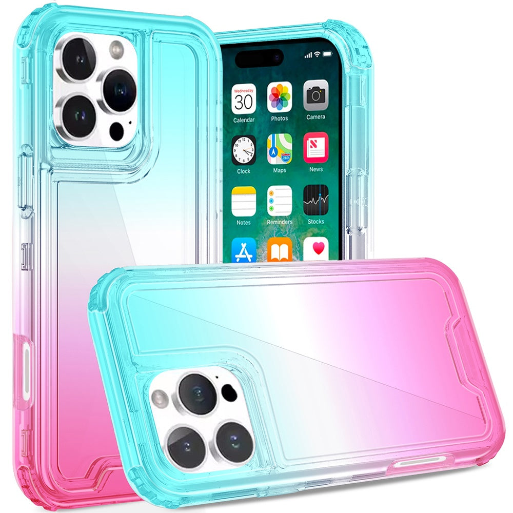 For Apple iPhone 16 Pro (6.3") Hybrid 3in1 Clear Two Color Tone Transparent Shockproof Rubber TPU + Hard Protective Frame Case Cover Blue Teal + Pink