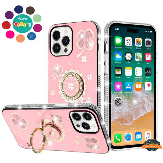 For Apple iPhone XR Diamonds Bling All Around Edges Sparkly Glitter Hybrid Ring Stand Holder Fashion Good Luck Case Cover