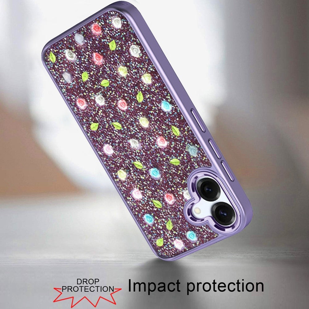For Apple iPhone 15 Floral Design Embedded Glass Diamond Fancy Fashion Glitter Bling Sparkly Hybrid Rugged TPU Bumper Case Cover Purple