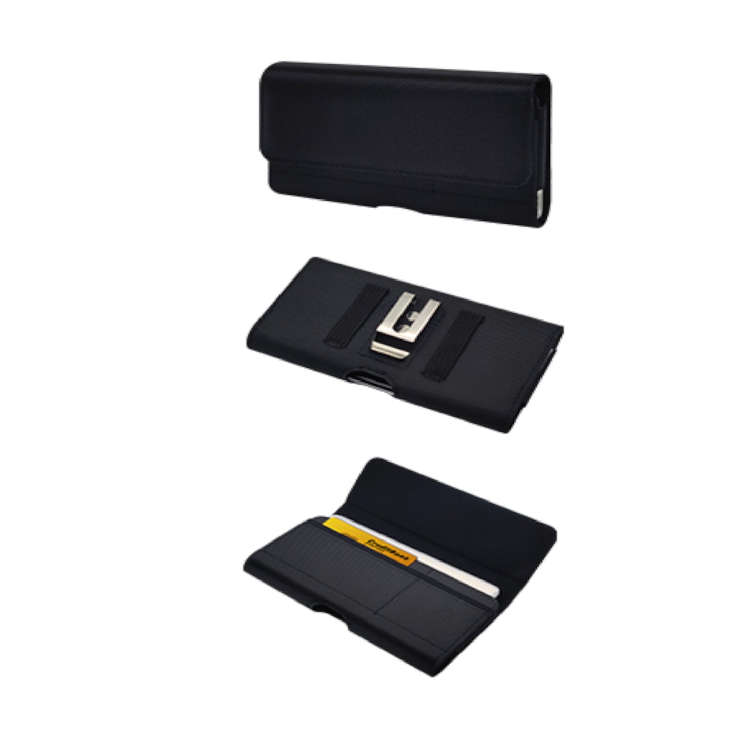 For Apple iPhone 16 (6.1") Universal Nylon Canvas Horizontal Pouch Holster with Wallet Credit Card Slots & Belt Loop Clip Carrying Phone (6.1") [Black]