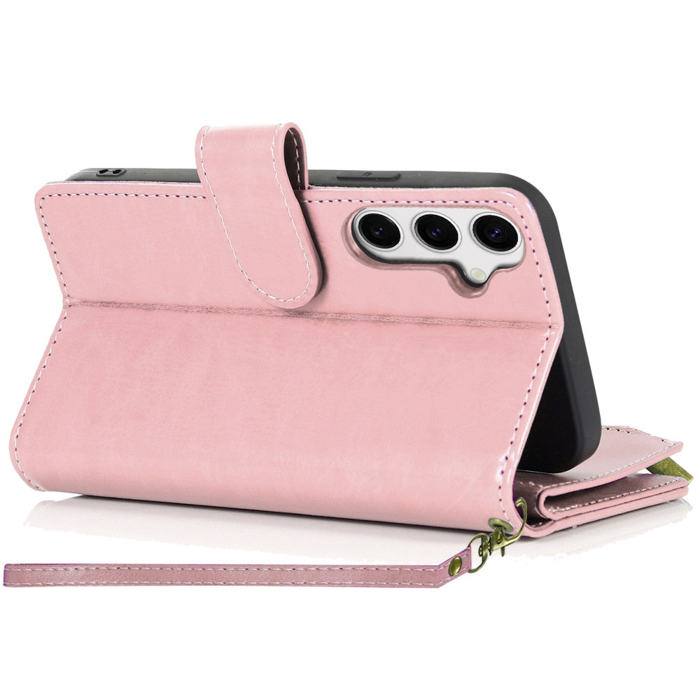 For Apple iPhone 16e Leather Wallet Case with Zipper, 9 Card Slots, Cash Pocket, Stand & Strap, Clutch Pouch Design Case Cover Rose Gold