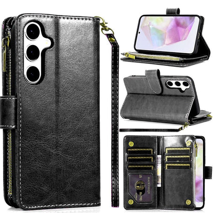 For Google Pixel 9A Luxury Leather Zipper Wallet Case 9 Credit Card Slots Cash Money Pocket Clutch Pouch with Stand & Strap Case Cover Black