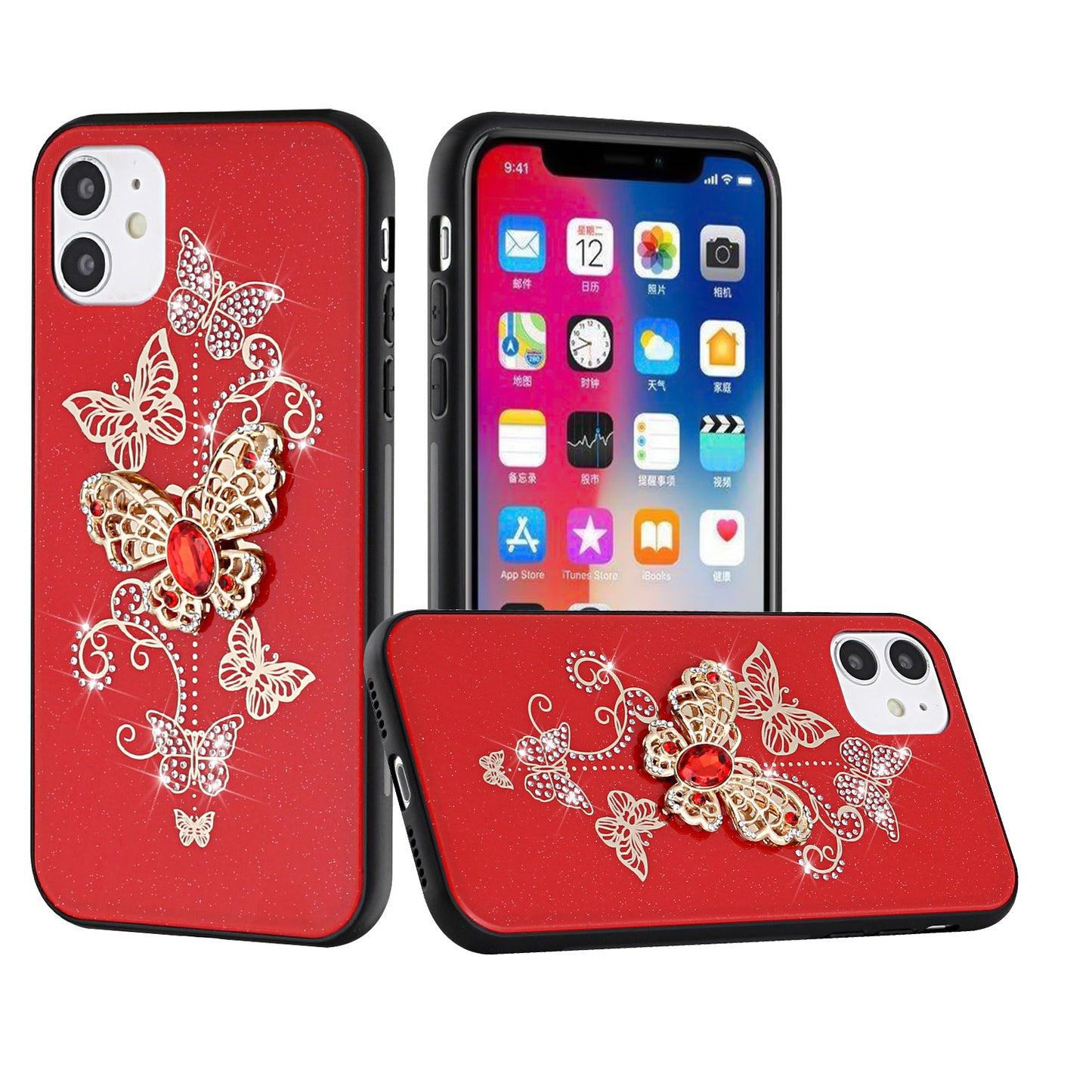 For Apple iPhone 16e Diamonds 3D Butterfly Bling Sparkly Glitter Ornaments Engraving Hybrid Metal Fashion Case Cover Red Garden Butterflies