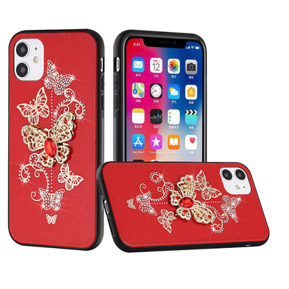 For Apple iPhone 16e Diamonds 3D Butterfly Bling Sparkly Glitter Ornaments Engraving Hybrid Metal Fashion Case Cover Red Garden Butterflies
